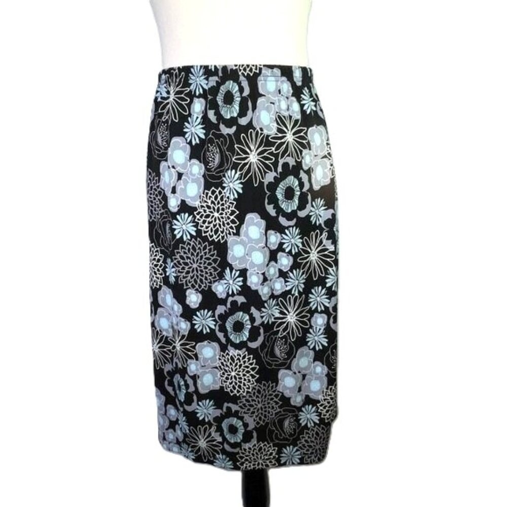 Cherokee Floral Skirt Mod Retro Front Side Slit Black Blue Gray White Size M